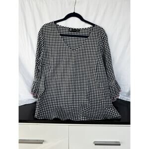 Baku Top XL Black White Gingham Cotton Embroidered Bell Sleeve Pink Pom Trim Boh